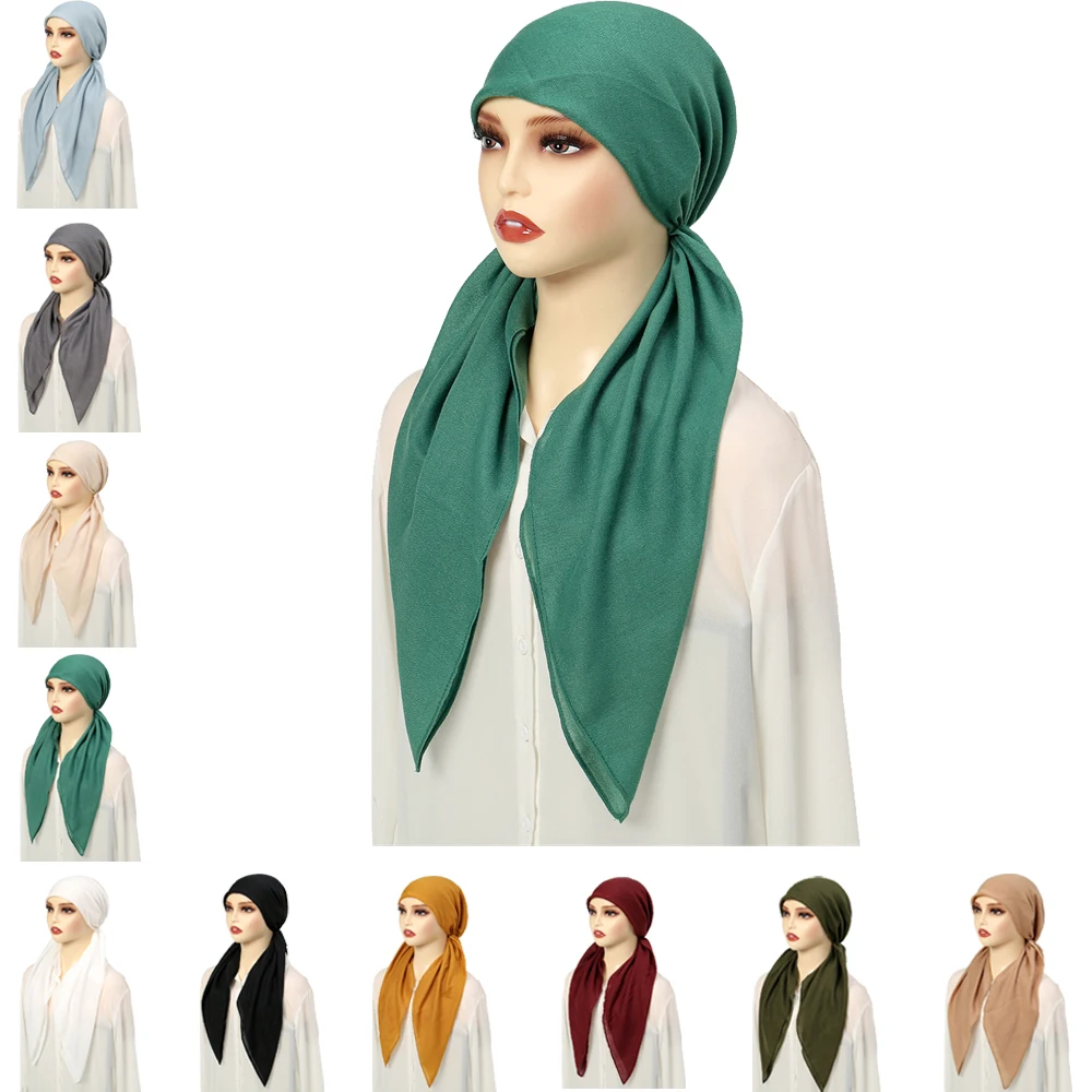 Elastic Solid Color Pre-Tied Hijab Wrap Head Scarf Hats Muslim Turban Bonnet for Women Inner Hat Fashion Female Turbantes Caps