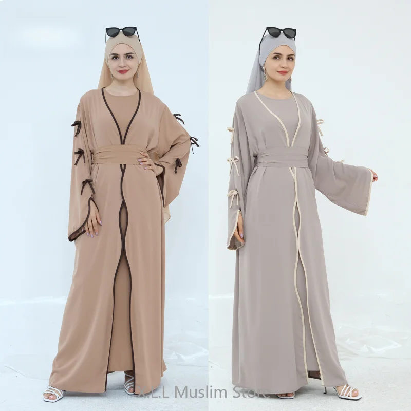 

Muslims Woman Clothing Muslim Woman Two Piece Set Abaya Dubai Luxury Kebaya Kaftan Pure Beauty Bowknot Cardigan With Inner Dress