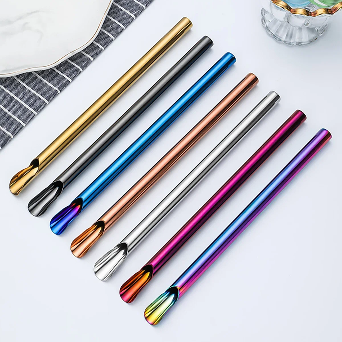 7pcs Gold Stainless Steel Reusable Straw Pearl Milkshake Bubble Tea Straw with Brush Bag Stirring Smoothie Spoon Shaped Straw