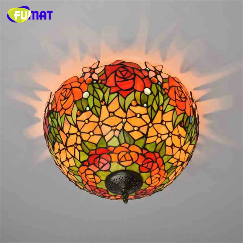 Fumat Tiffany Ceiling Light Retro Stained Glass Rose Lampshade Ceiling Lamp Hotel Living Room Home Decor LED Ceiling Light