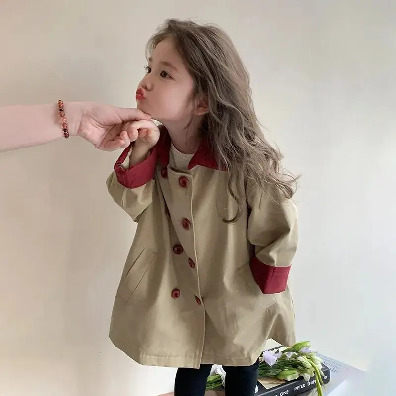 

Girls Coat Spring and Autumn New Korean Edition Children's Jacket Medium Long Double breasted Windbreaker