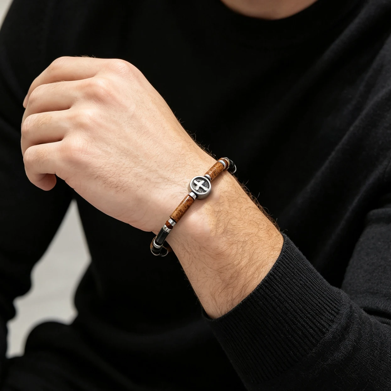 MHS.SUN Adjustable Stainless Steel Chain Bracelets Cross Charms Natural Stone Beaded Bracelet Jewelry Gift for Women Men
