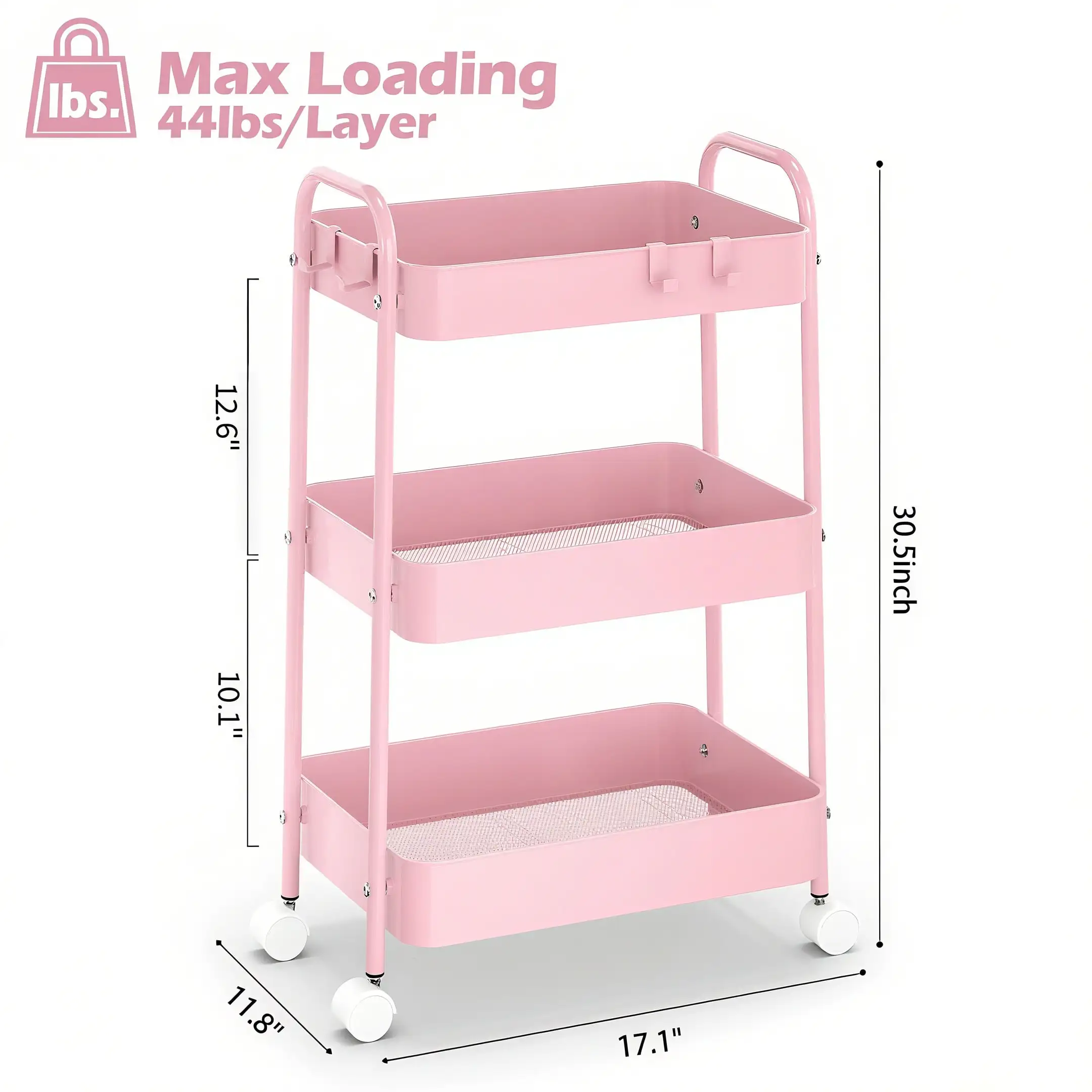 3 Tier Metal Rolling Cart With Wheels Modern Pink Utility Storage Cart Trolley Organizer Heavy Duty Mesh Basket Unit With Lockable Casters For Nursery Baby Essentials Kitchen Bathroom Office Makeup Housewarming Gift