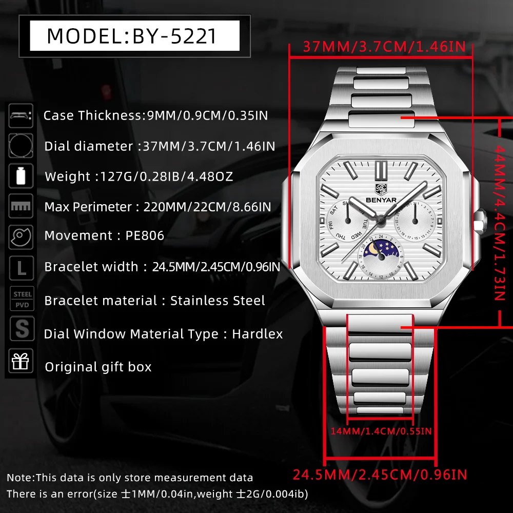 2025 BENYAR New Square Luxury Men's Watch Stainless Steel Weekly Display Business Men's Watch Quartz Luminous Moonphase Watch