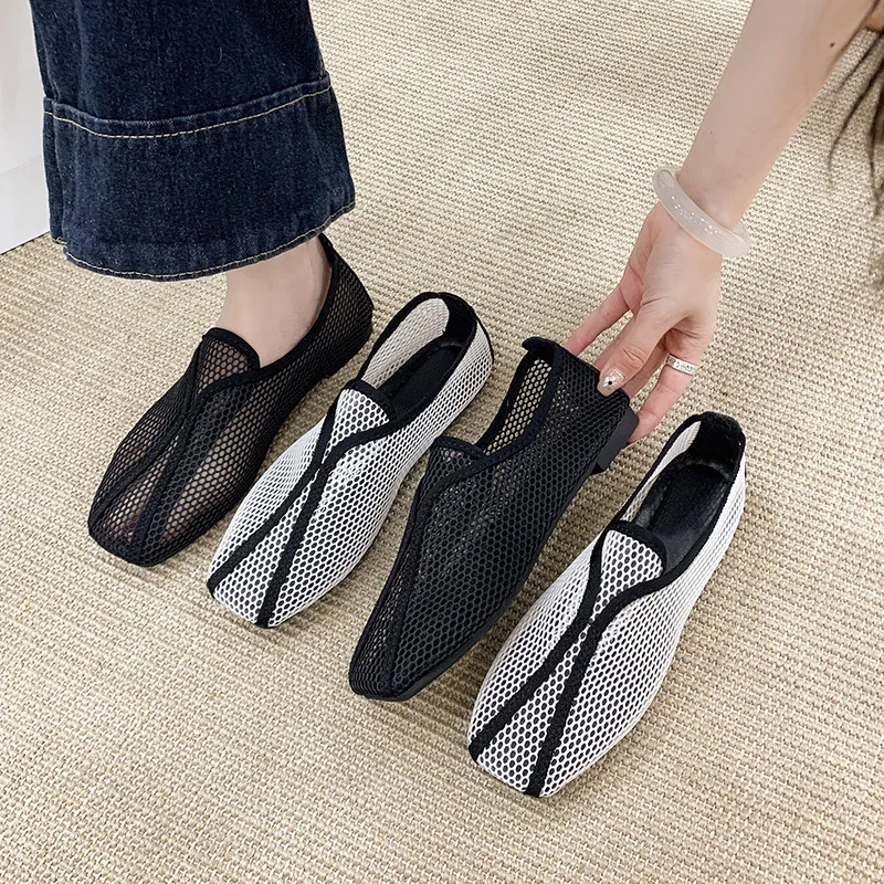 

2026 Women Loafers Hollowed-out Mesh Woman Summer Slip On Square Toe Casual Shoes Flat Mary Jane Sandals Slippers