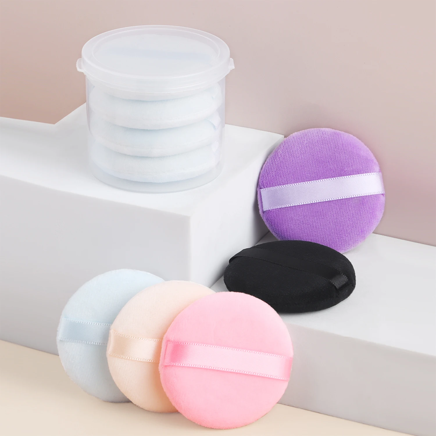 Powder Puff, 5pcs/box soft round sponge powder puff double-side skin-friendly velvet makeup powder puff tape case