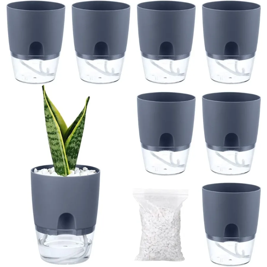 

Self Watering Pots for Indoor and Outdoor Plants 8 Pack 3.2 Inch Small Planters With Drative Stones Mini Flower Pots Grey