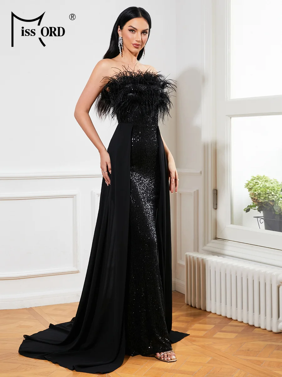 Missord elegancka sukienka z czarnymi piórami długa sukienka damska bez ramiączek z cekinami Bodycon Maxi na imprezę bal sukienki z trenem