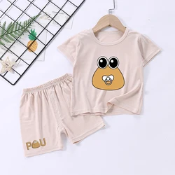 Pou Pajamas for Children New My Pet Alien Anime Kawaii Short Sleeve Sleepwear Summer Home Clothing Boy Girl Tops Shorts Set Gift