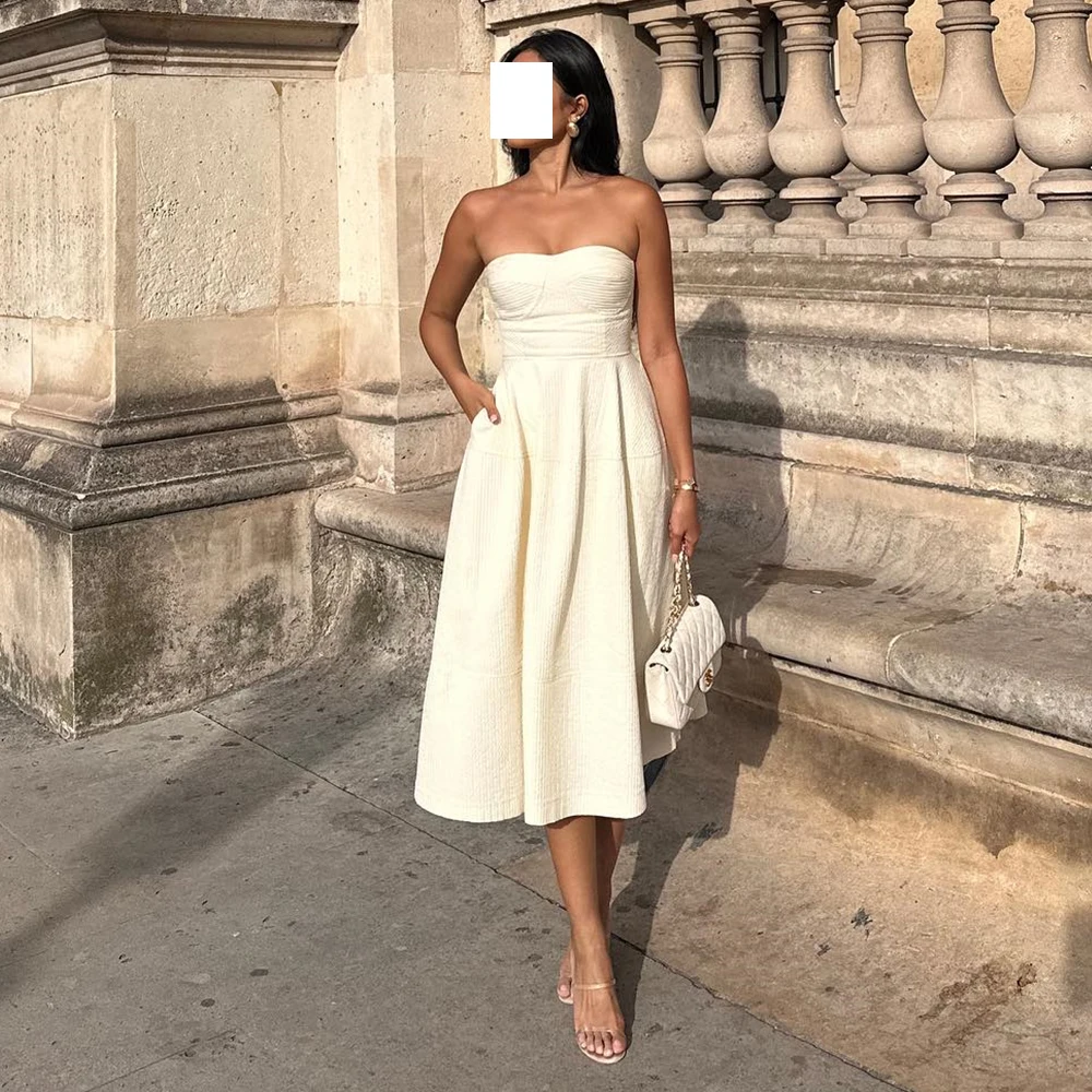 

Strapless Sleeveless A-Line Tea Length Jersey Backless Solid Color Elegant Evening Dresses For Formal Occasions Custom Size 2024