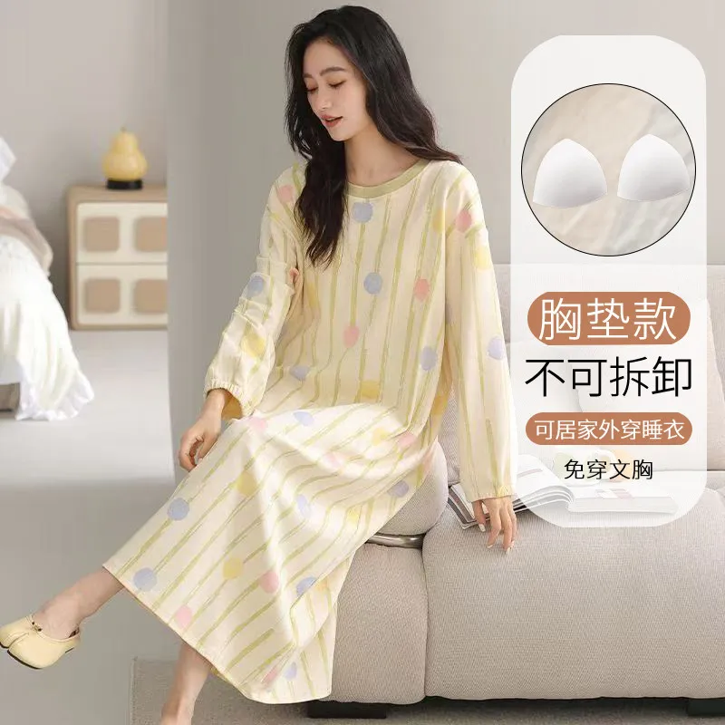 2026 Autumn Padded Long Sleep Dress for Women Long Sleeve Cute  Pajama Dress Spring Home Wear Young Girl Nightdress nightgown