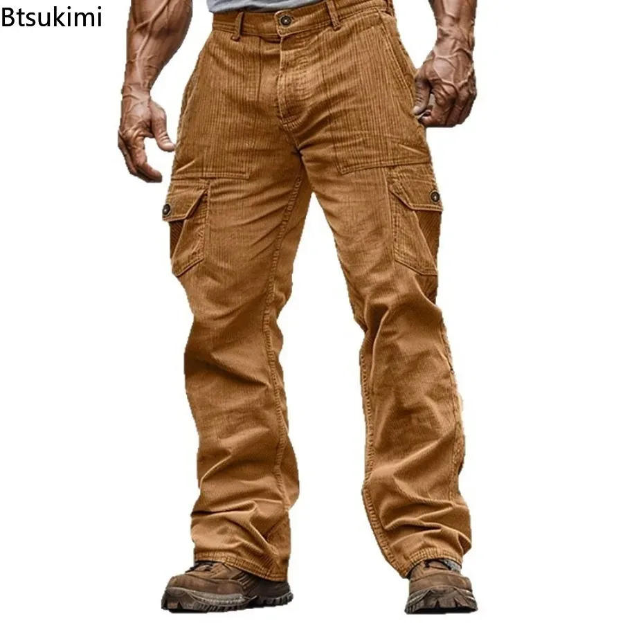 2026 Streetwear Fashion Men's Cargo Pants Autumn Outdoor Casual Solid Ribbed Corduroy Trousers Male Vintage Loose Straight Pants view 4