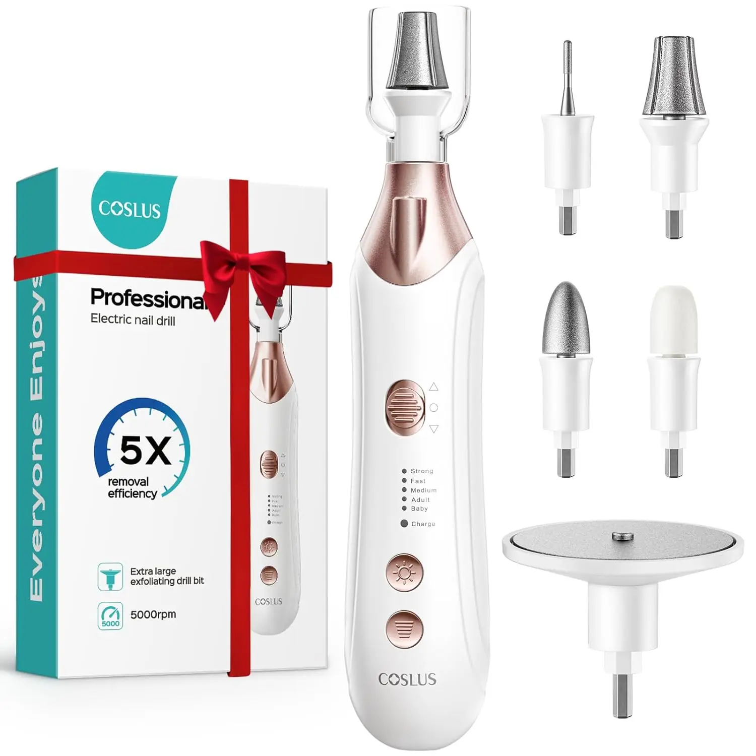 

5-in-1 Electric Nail File for Thick Toenails, Cordless Rechargeable, 5 Speeds, Home Salon Use