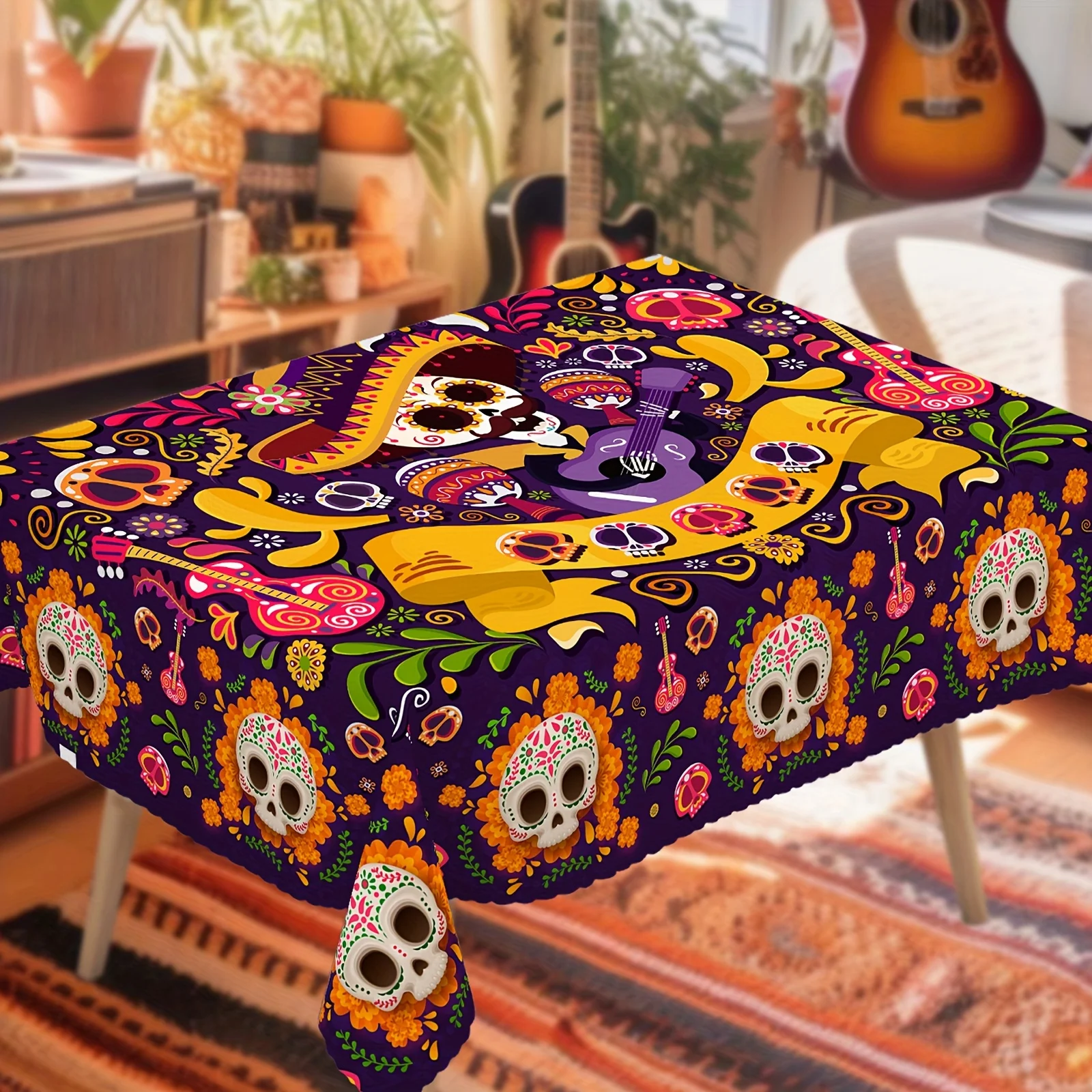 1 piece, Mexican rectangular tablecloth, skull pattern, carnival party tablecloth.PMJ