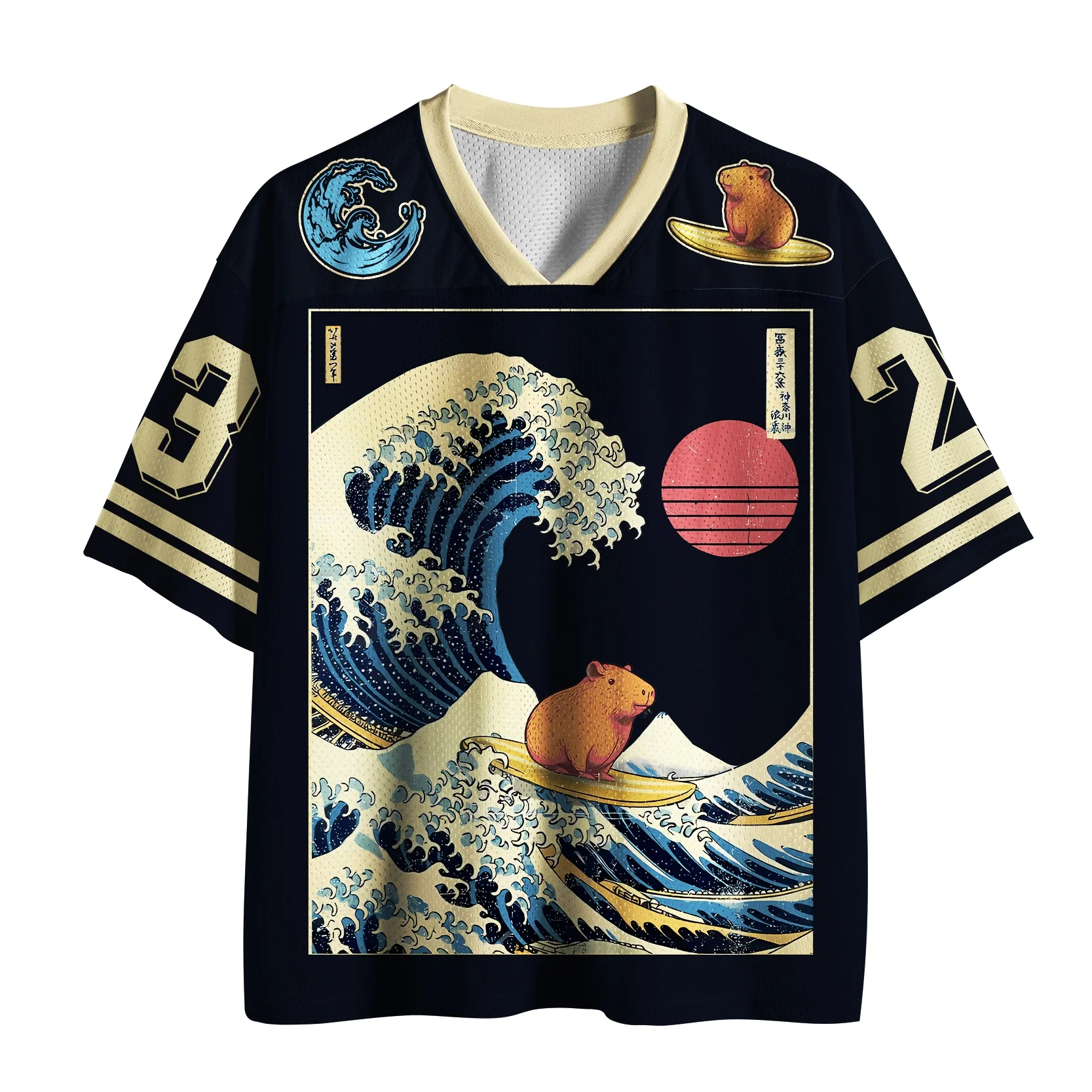 Unisex Erwachsenen- und Kinder-Capybara-Surfing-Great-Wave-Print-Jersey, Retro Japanisches Ukiyo-e Streetwear Atmungsaktives Kurzarm-Sport-T-Shirt