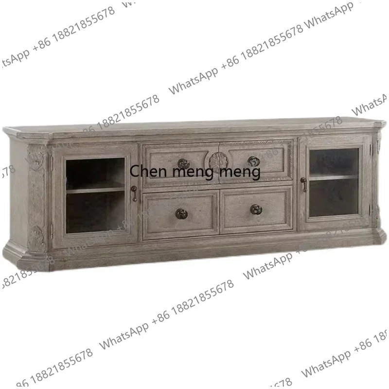 Hot sales American Style Solid Wood TV Cabinet Vintage Carved Entrance Audiovisual Cabinet European Style Living Room