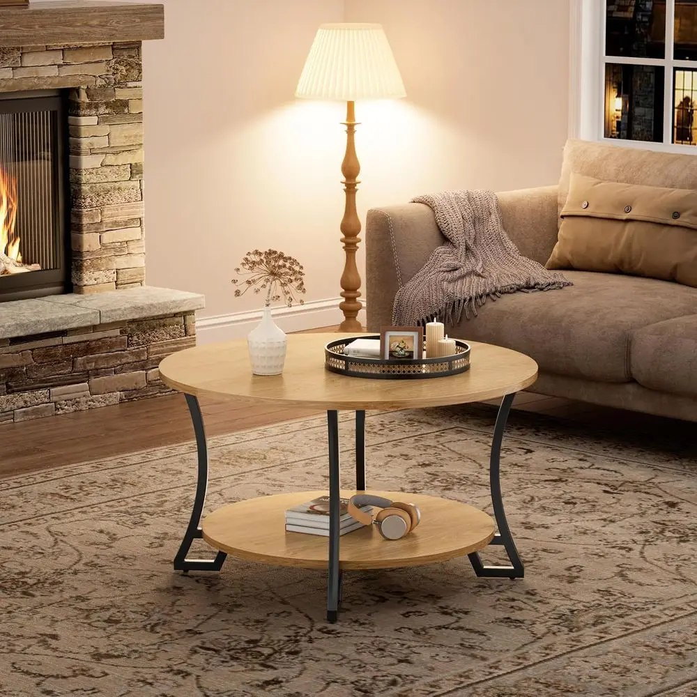 طاولة قهوة مستديرة لغرفة المعيشة 31.5 صديقة للتخزين، خشب، سهلة التجميع، طبيعية، قطر 31.5 × ارتفاع 17.7