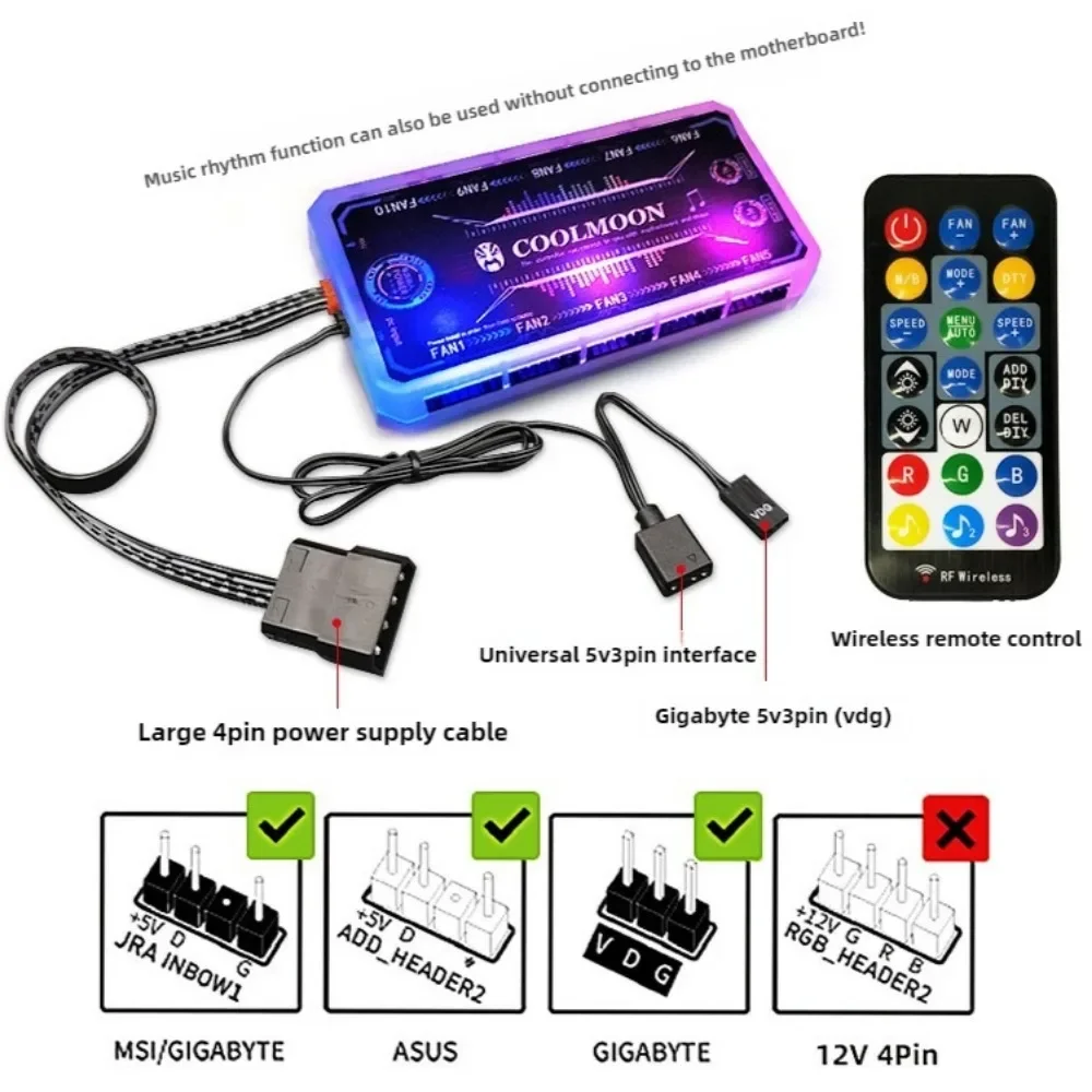ARGB Controller 12V 5A 6Pin ARGB Cooling Fan Hub Splitter Smart Remote Control PC Computer Case Cooling Chassis Silent Radiator