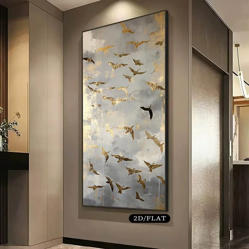 1pc frameless Canvas Painting 2D/Flat Large Modern Golden Birds Canvas Wall Art - Frameless Minimalist Golden Bird Prints for El