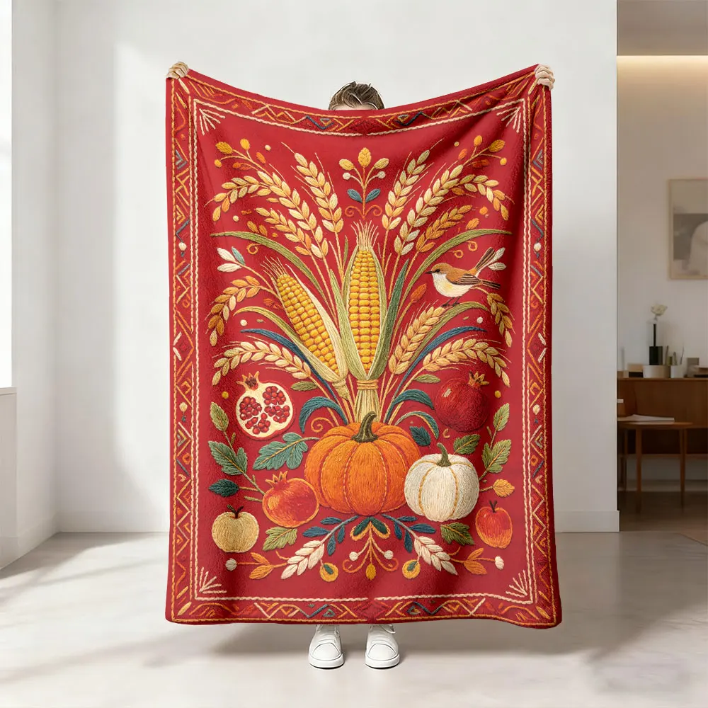 1Pc Autumn Harvest Fruit Flower Print Flannel Blanket, 230g Soft Comfortable Throw Blanket, Portable Warm Nap Blanket For Sof