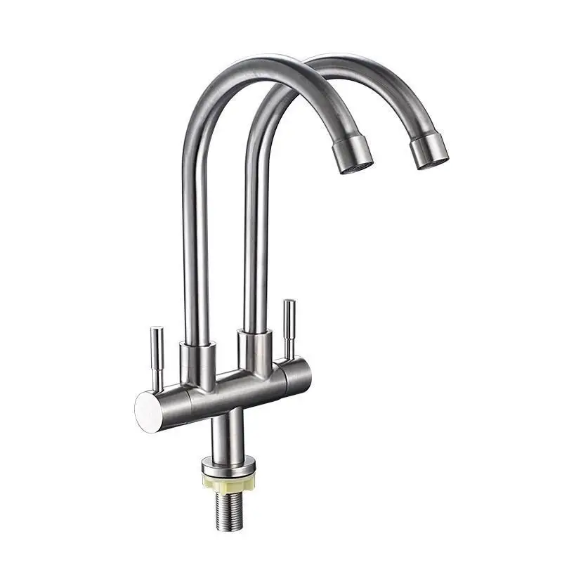 Stainless Steel Double Head Sink Tap 2 In 1 Multifunction Pillar Mounted Faucet 360 Rotate Flexible For Kitchen Bathroom