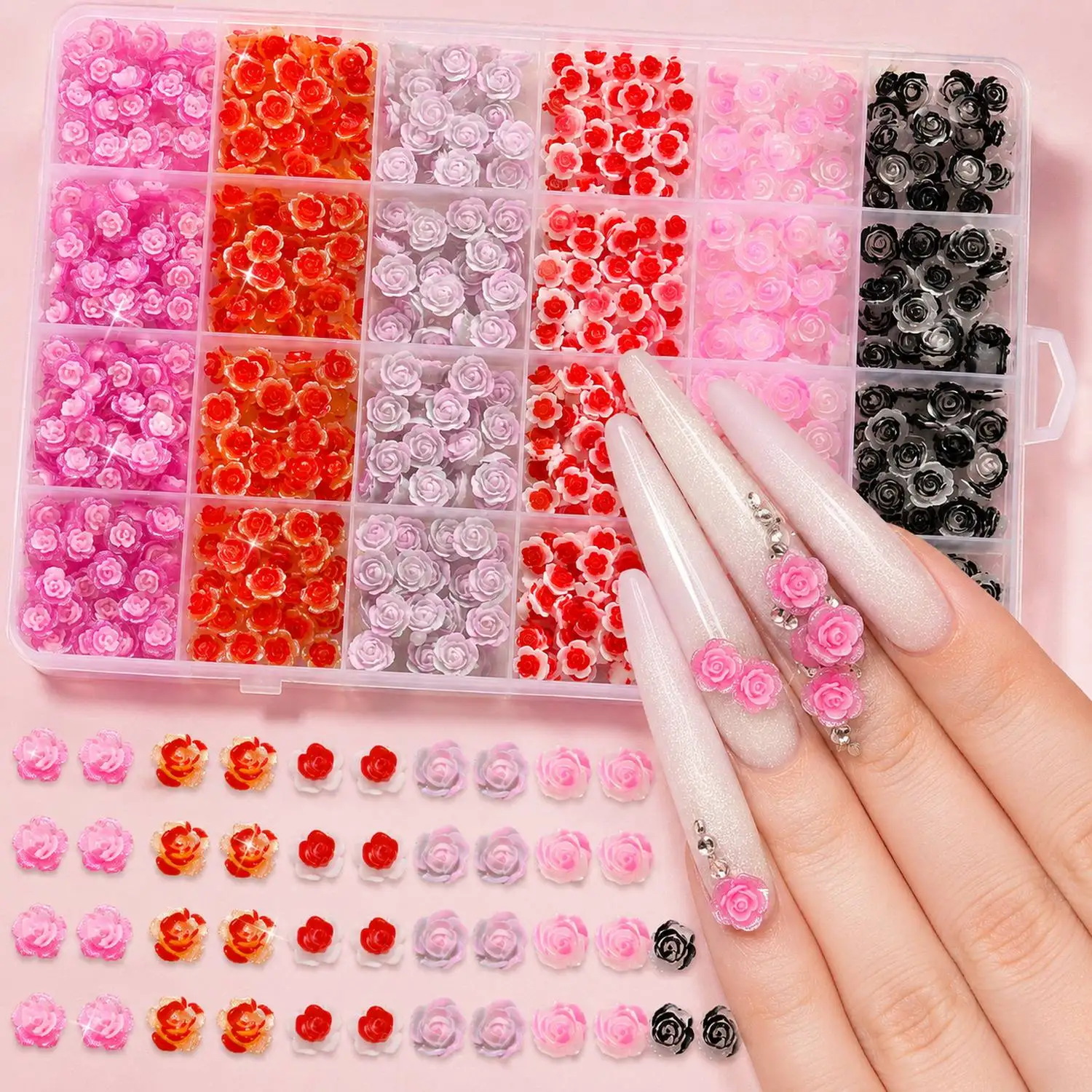 

24Grids/Box 3D Embossed Small Flower Nail Charms Natural Color Small Flower Nail Decoration Vintage Elegant Flower Nail Parts