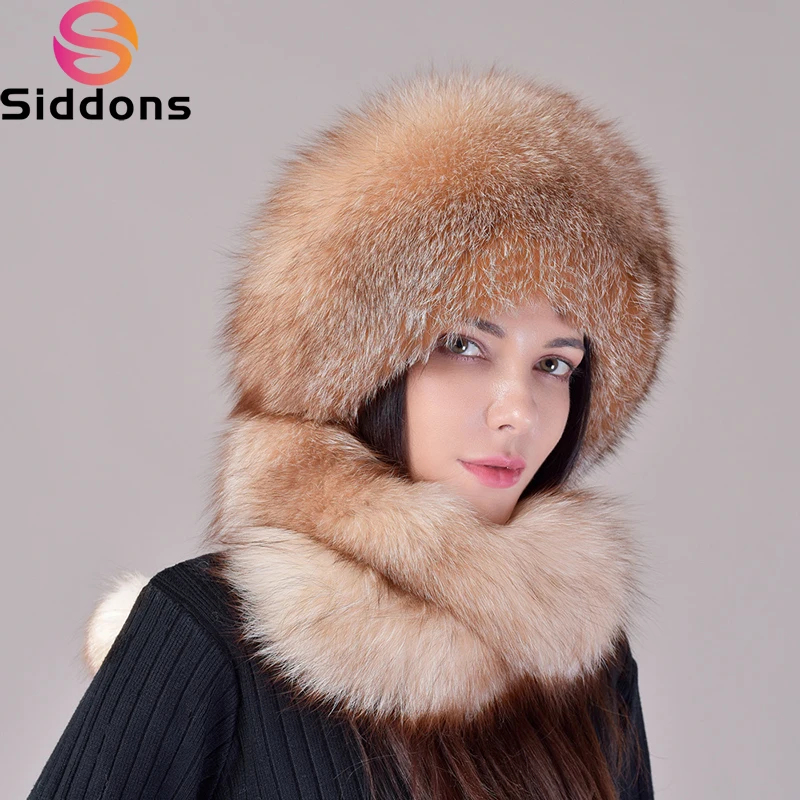 

2024 New Women's Real Fox Fur Hat Scarf Mongolian Bomber Hat Ladies Winter Warm Fox Fur Earflap Caps Russia Winter Real Fur Hat