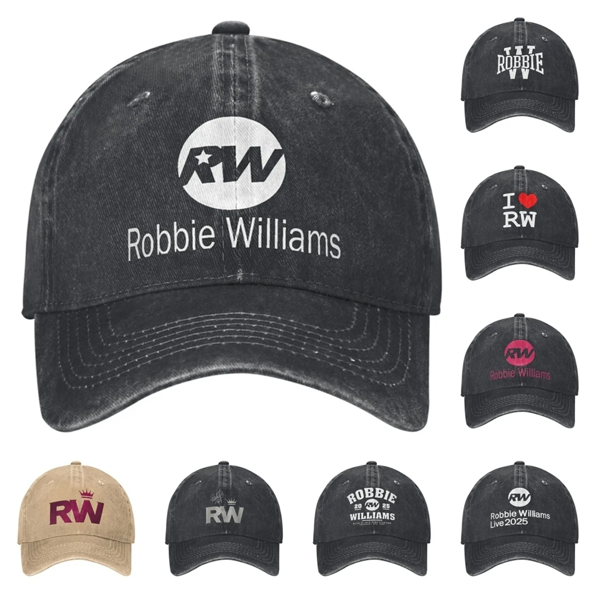 

Vintage Robbie Williams Live 2025 Concert Baseball Cap for Men Women Distressed Washed Snapback Hat RW Singer Outdoor Gift Hats