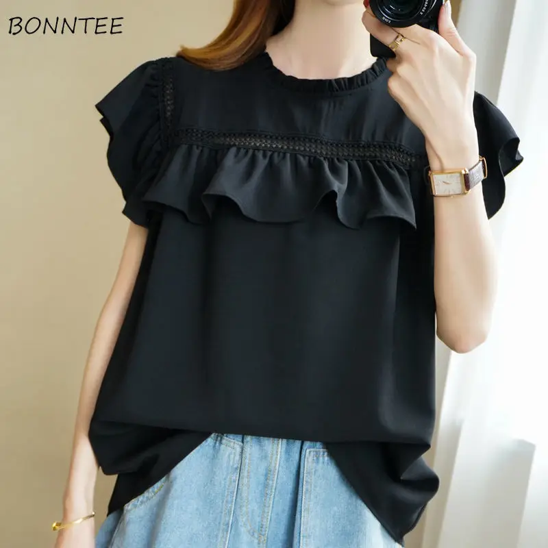 

Blouses Women Solid Ins Temperament Summer Elegant Trendy O-neck Ruffles Causal All-match Streetwear Cozy Femme Baggy Clothing