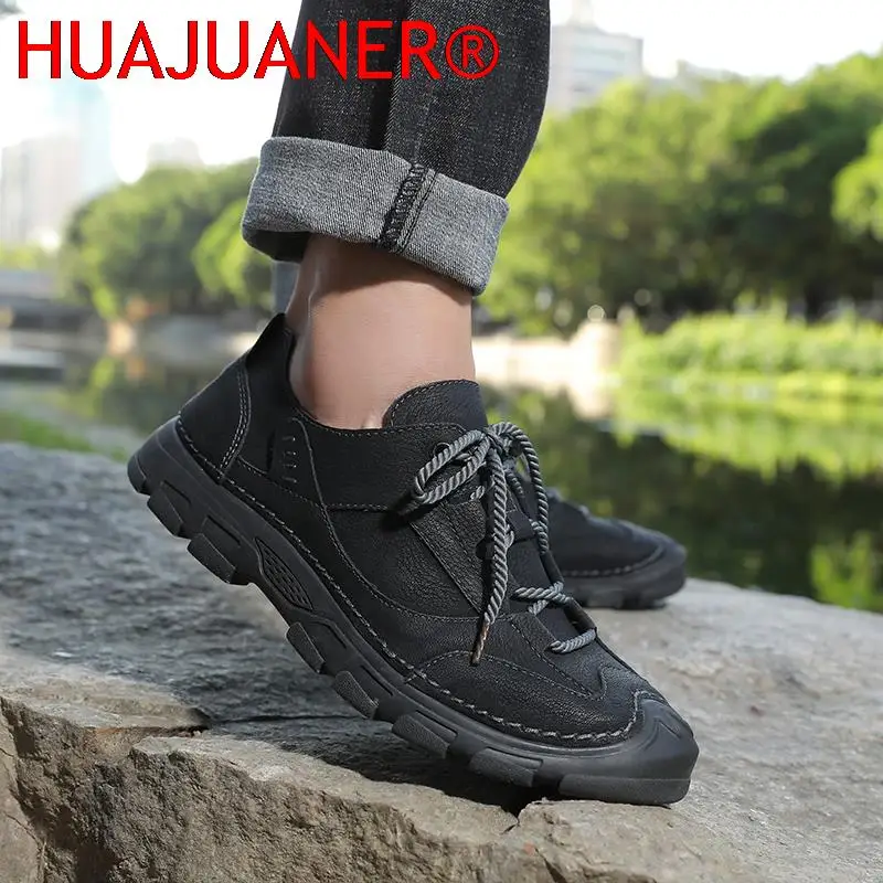 Zapatos de senderismo de alta calidad para hombre, zapatillas de deporte informales, calzado clásico de ocio para caminar al aire libre, zapatos planos sólidos hechos a mano con cordones