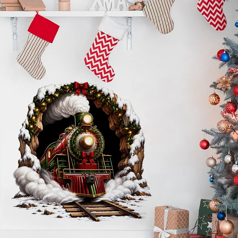 Vintage Steam Train Christmas Wall Sticker Snow Train Decal Festive Atmosphere Self Adhesive Sticker for Home Wall Xmas Decor