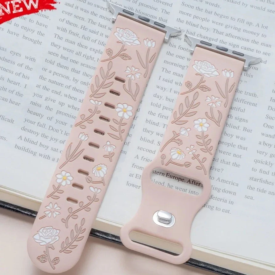 Pop Floral Engraved Straps For Apple Watch Band 49mm 46mm 45mm 44mm 42mm 41mm 40mm Bracelet Iwatch Series 10 9 8 7 SE Ultra Corr