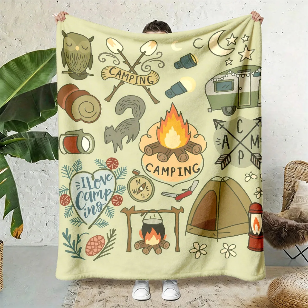 Cozy Camping Blanket Throw Sofa Decor Outdoor Adventure Theme Rustic Fall Picnic Blanket 150x200cm