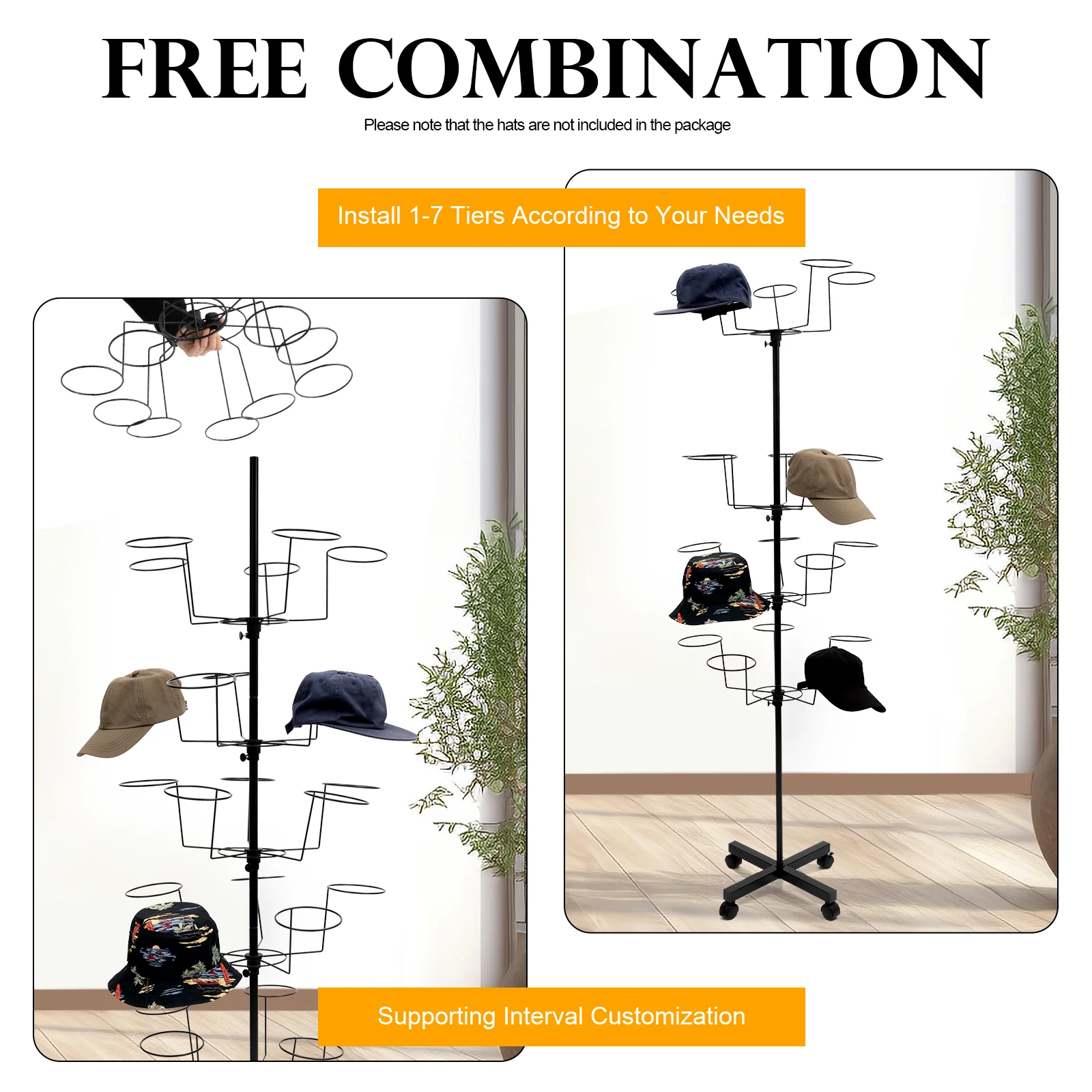 Hat Coat Rack 4 Wheels 7 Layer Standing Clothes Rack Black White Rotating Hanger Floor Metal Heavy Duty