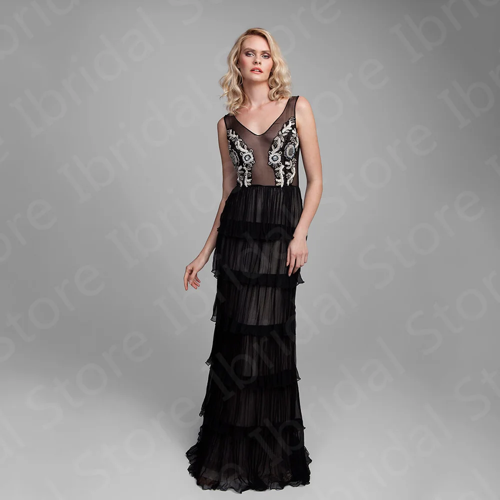 New Sexy Black Evening Dresses Full Length Wedding Guest Gowns Illusion V Neckline Sleeveless Prom Party  Lace Beaded