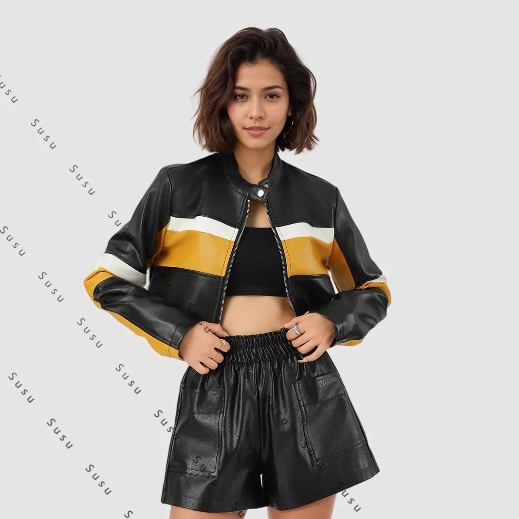 

2025 new PU leather contrasting splicing European and American sexy leather jacket sm stand-up collar slim short trendy locomoti