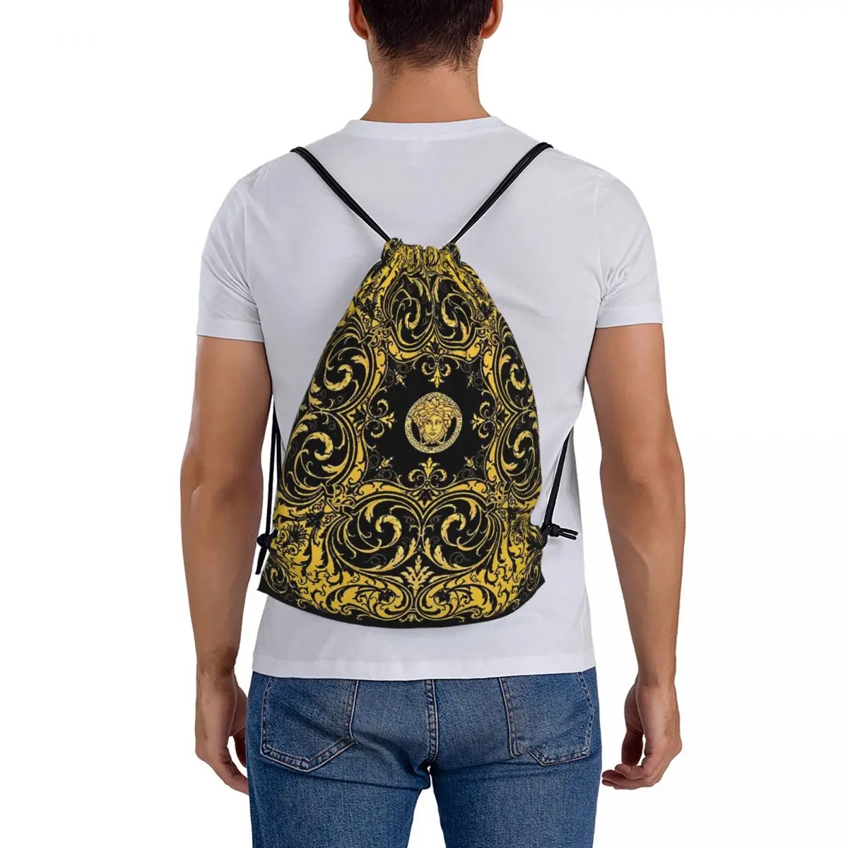 Decorative Golden Medallion Baroque Backpacks Portable Drawstring Bags Sundries Bag Book Bags for Travel Students
