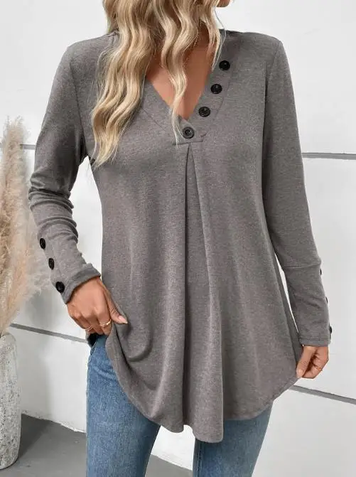 

2025 New Autumn Casual Top Mid Length V-Neck Solid Color Long Sleeved T-Shirt for Women