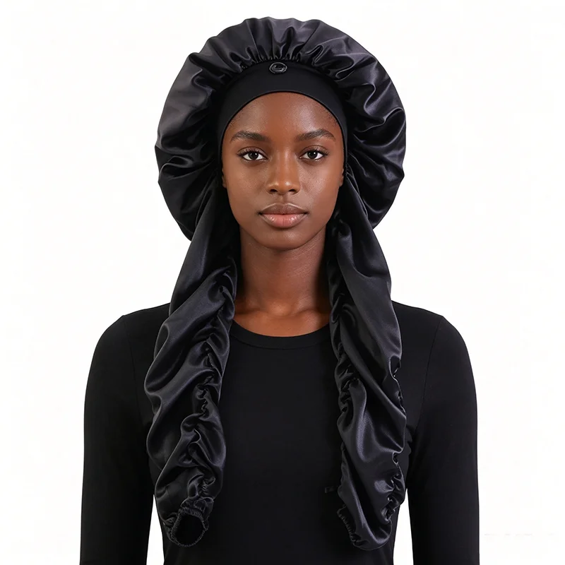 New Women's Bonnet Satin Sleeping Cap Long Tail Braid Hair Night Sleep Cap Head Cover Bonnets Shower Cap For Sauna Bathing