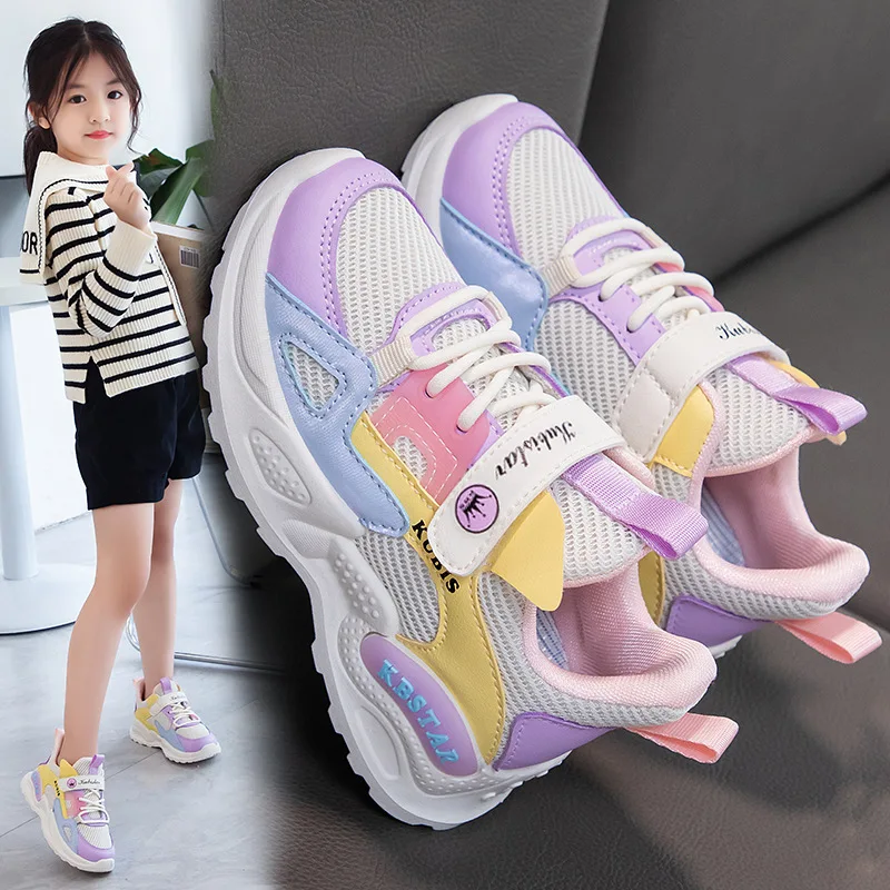 Sepatu kets sekolah anak perempuan, sepatu sneaker anak lembut, sepatu lari kasual Pink anti selip, sepatu musim semi bersirkulasi