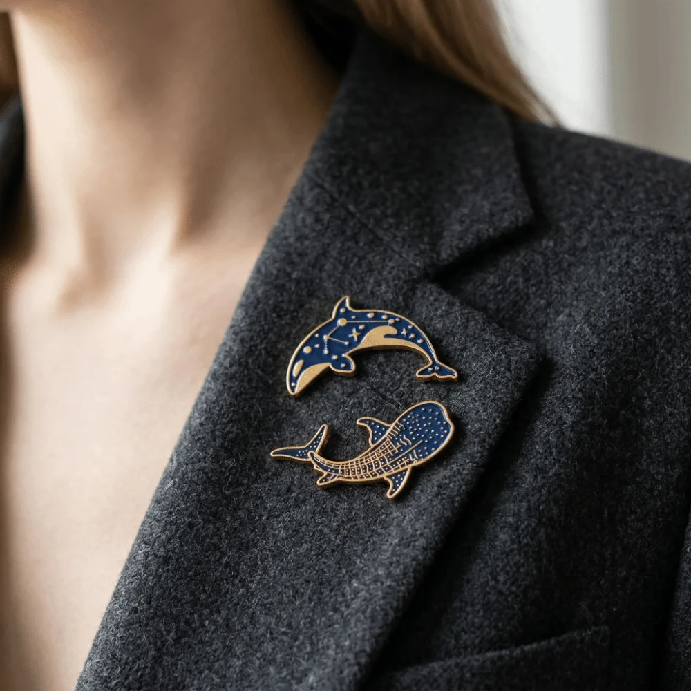 2 pcs Light Luxury Whale Dolphin Brooch Vintage Animal Whale Dolphin Badge Clothes Decoration Fish Shaped Metal Badge