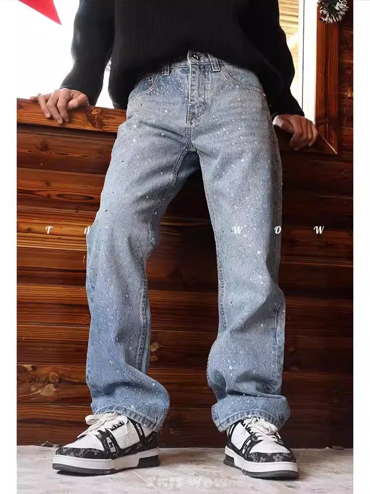 

Luxury Waed Spliced Heavy Rhinestone Wide Leg Men's Jeans Casual Straight Loose Fit Faion Urban Sle Autumn Collection