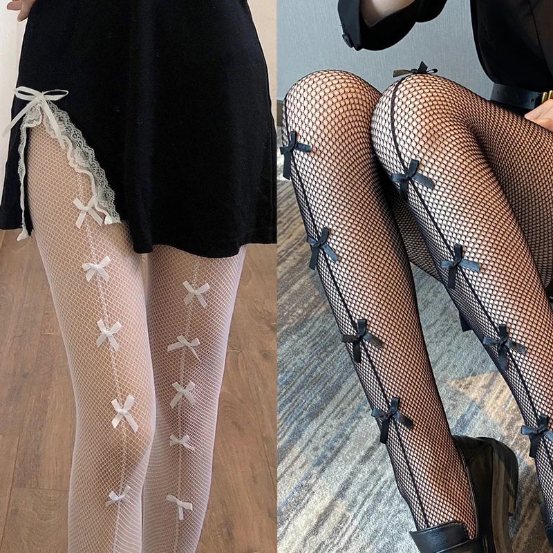 

Women Sexy Lolita Mesh Bow Fishnet Tights Stockings Pantyhose JK Transparent Gothic Party Club Female Netting Tight Legging