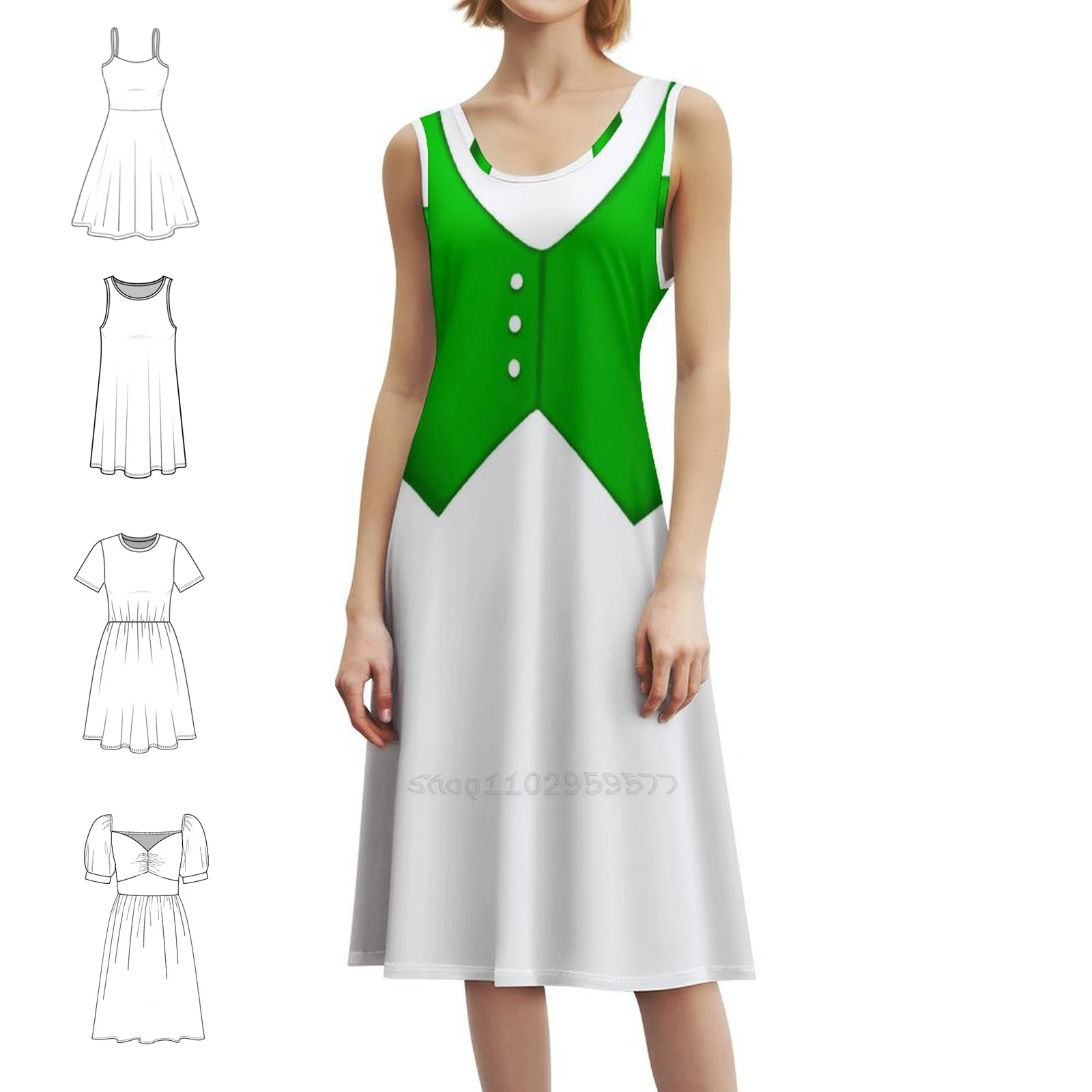 Painted Bright Green Vest With Three Buttons Vintage Bohemian Dress Puff Sleeve Or Sleeveless Options For Women Dress Painted