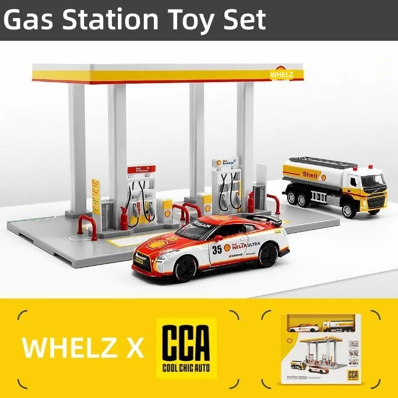 1:64ガスステーションのおもちゃモデル,gulf & shellミニカー,子供向け