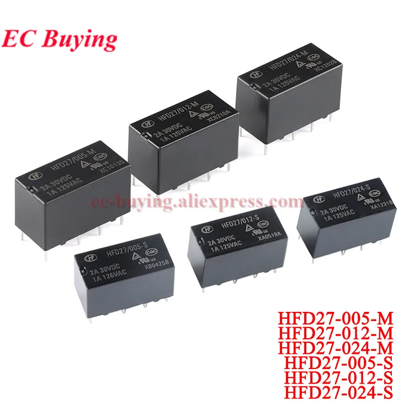 1Pc-5Pcs Mini Relay HFD27 DC 5V 12V 24V HFD27-005-S 005-M HFD27-012-S 12-M HFD27-024-S 024-M 2A 8Pin Sensitive DIP Relays Relais