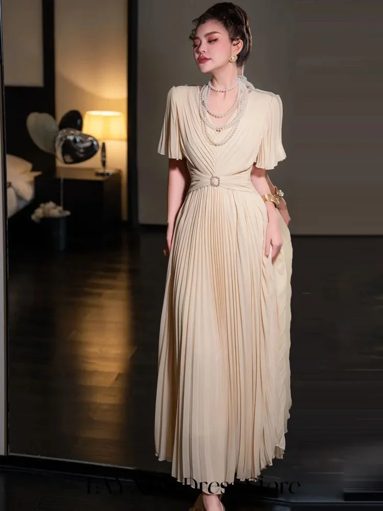 

LAYXHS Elegant V-neck Formal Evening Dresses Beaded Half sleeve Pleated Zipper Women Prom Dresses Customized فساتين سهرة