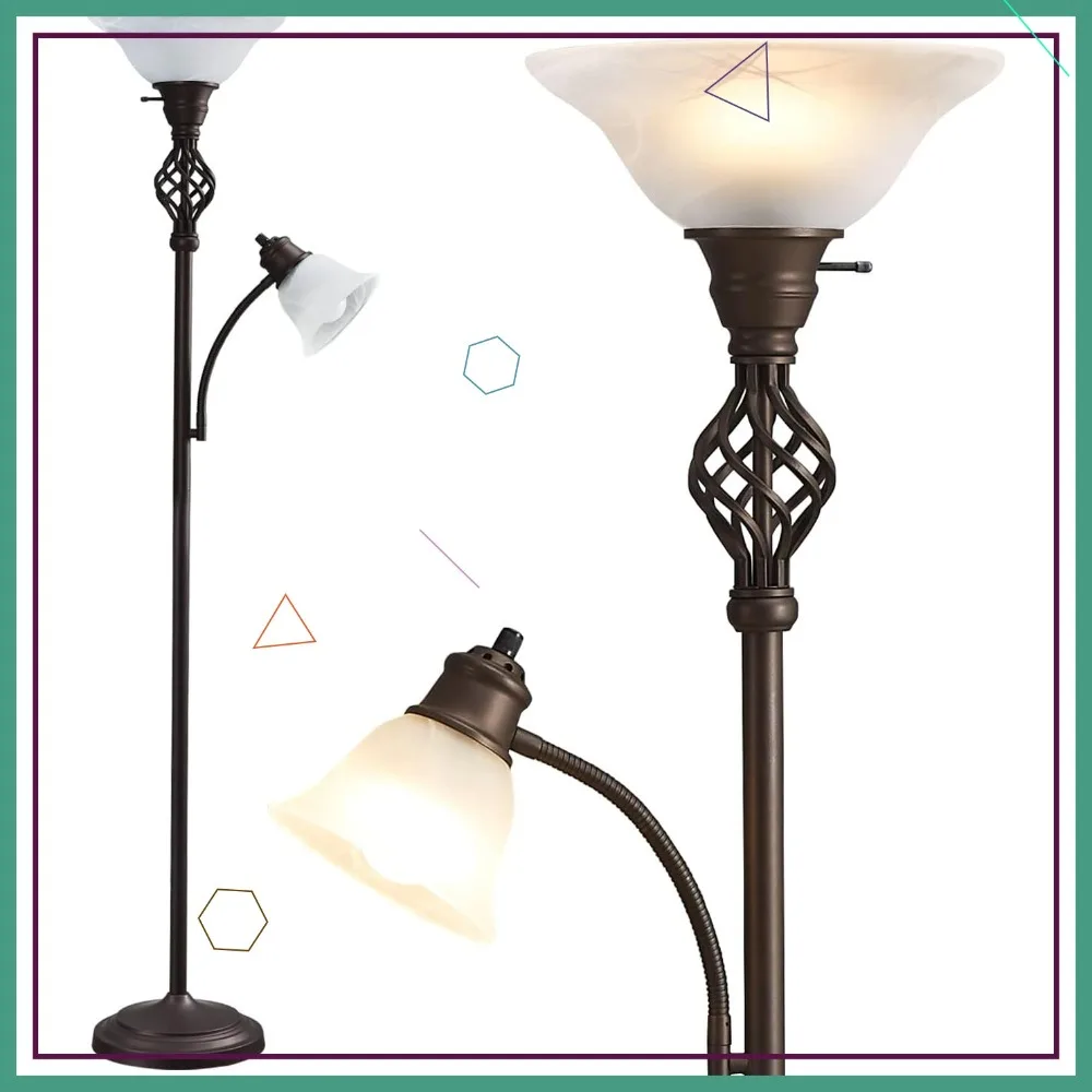 

LED Floor Lamp with Glass Shade for Living Room Bedroom Home Office, Red Brown 2 Head Bulbs Included