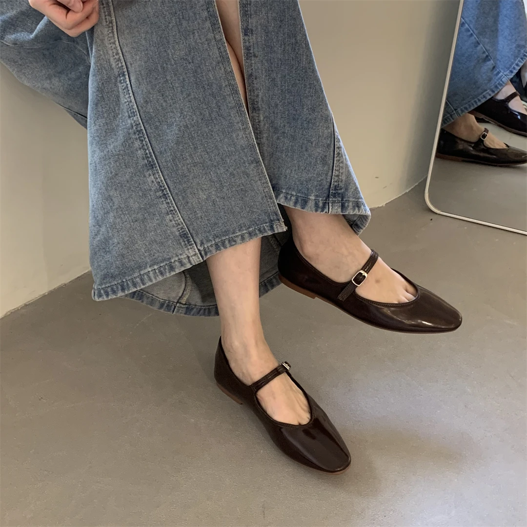 Women Flats Mary Jane Ballet Shoes Female Square Toe Female Ballets Shallow Ladies Casual Soft Mary Jane Shoes Outdoor Dress Fla