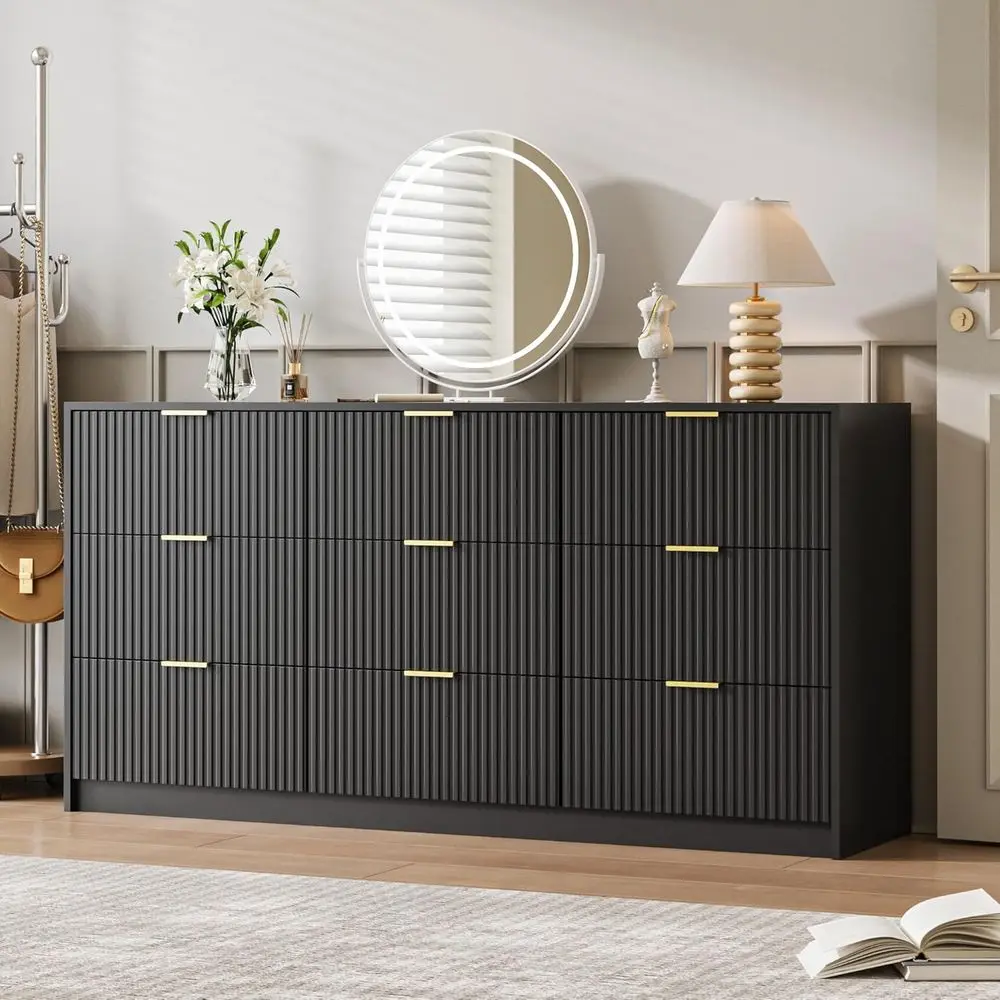 침실, 거실, 복도 수납용 금색 손잡이가 있는 63폭 검정색 나무 서랍장
